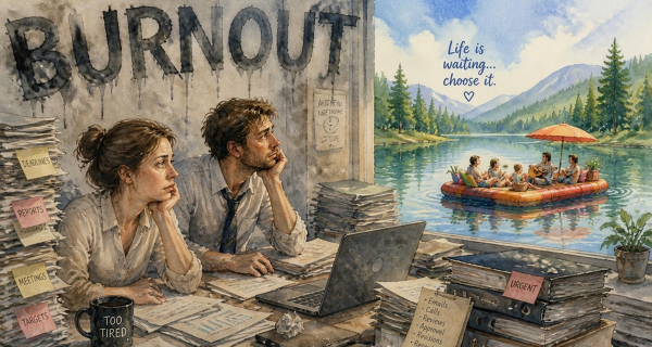 Burnout in Business Two exhausted business owners surrounded by paperwork, looking towards a peaceful family scene on a lake