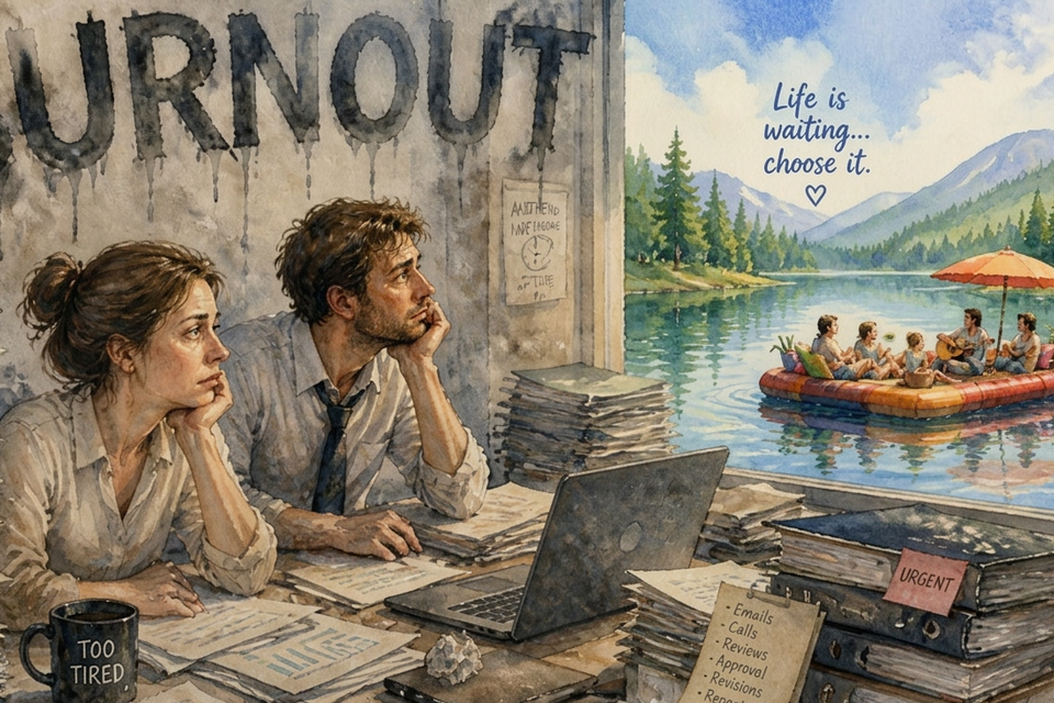 Two exhausted business owners surrounded by paperwork, looking towards a peaceful family scene on a lake